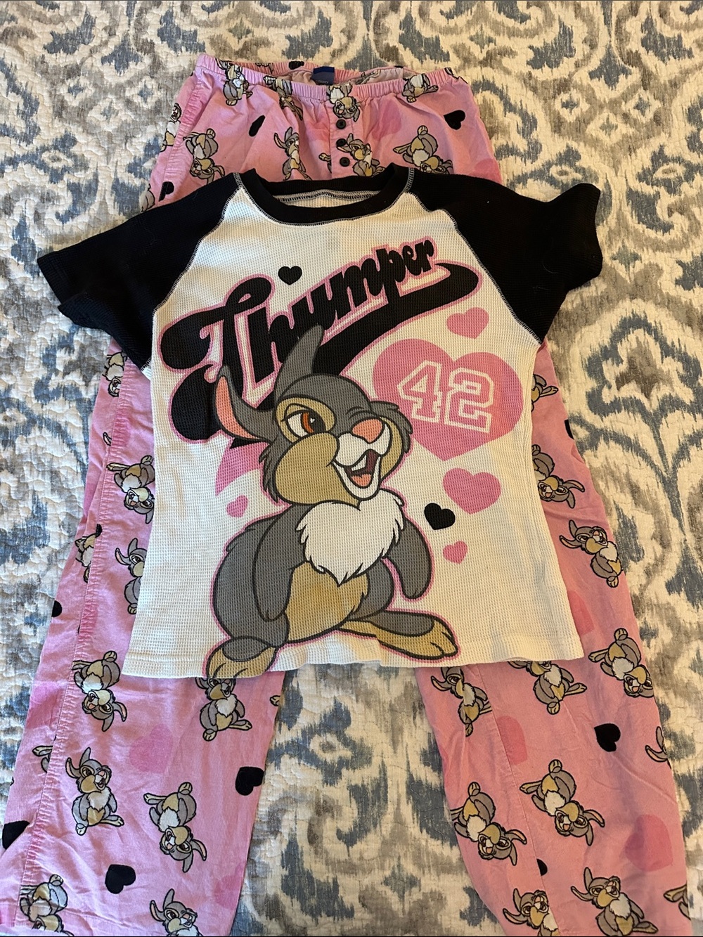 Thumper Graphic Tee and Pink Bunny Pajama Pants Set - Pink, Black, Gray
